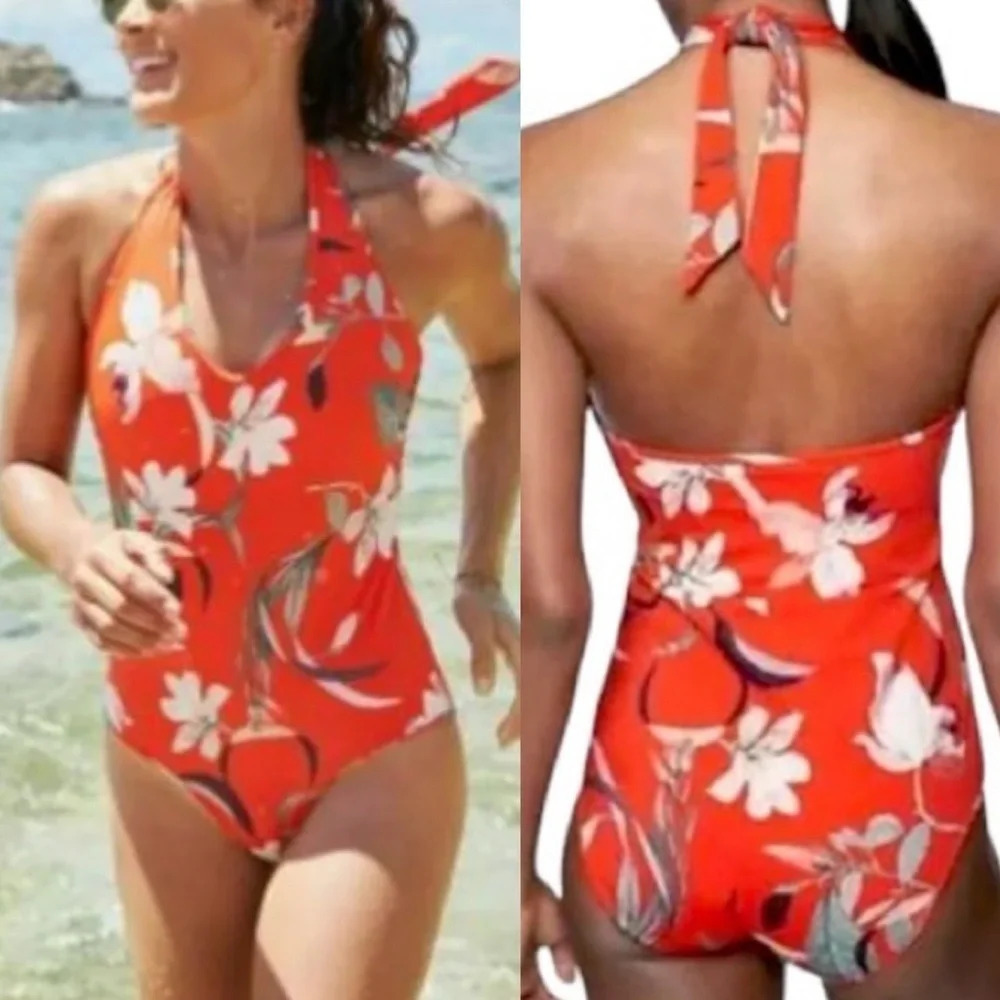 ATHLETA Waimea One Piece Plunge Halter Swimsuit Floral Small Red